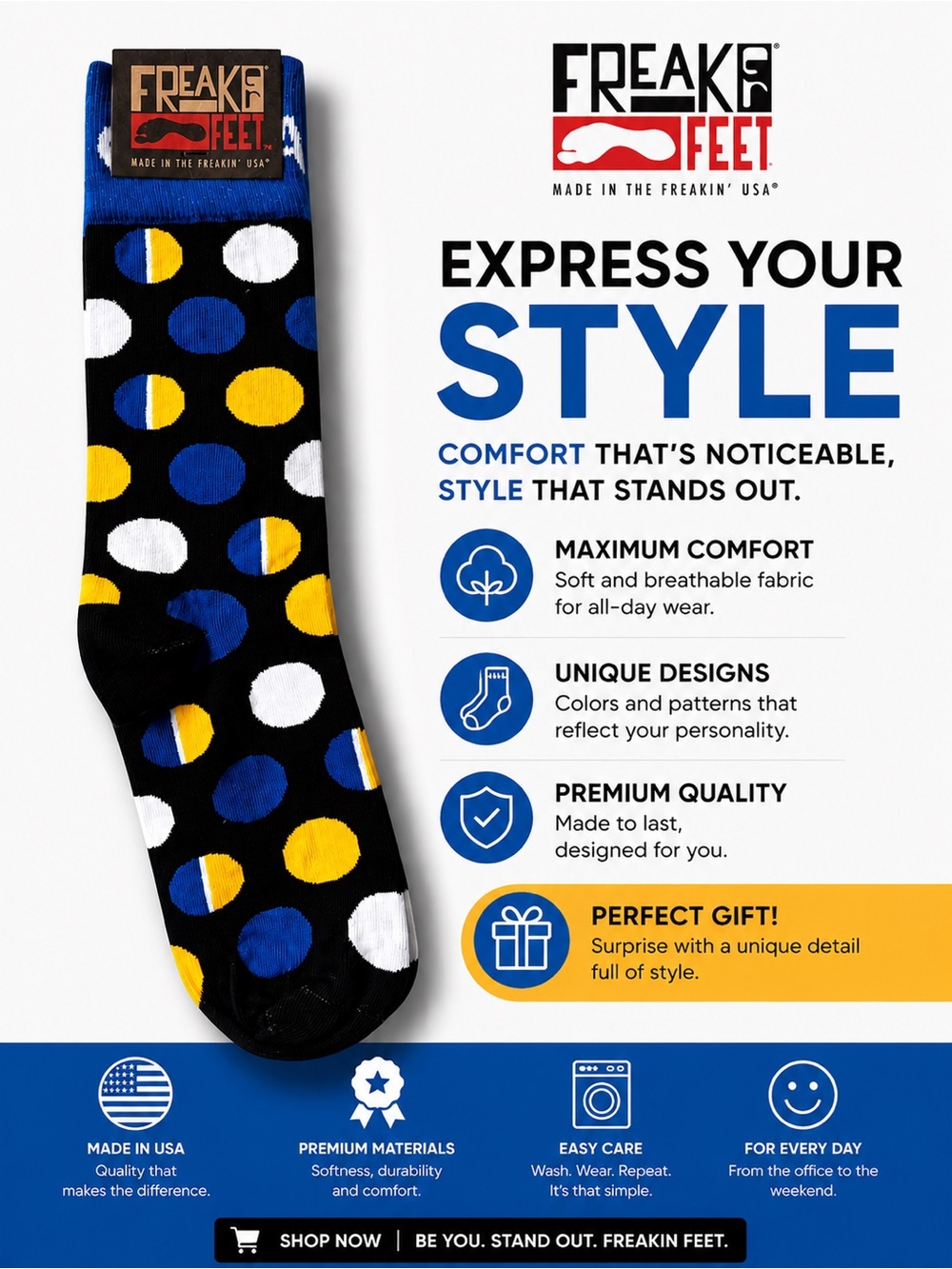 Freakin Feet Polka Dot Crew Socks Black Blue Yellow White Made in USA NWT
